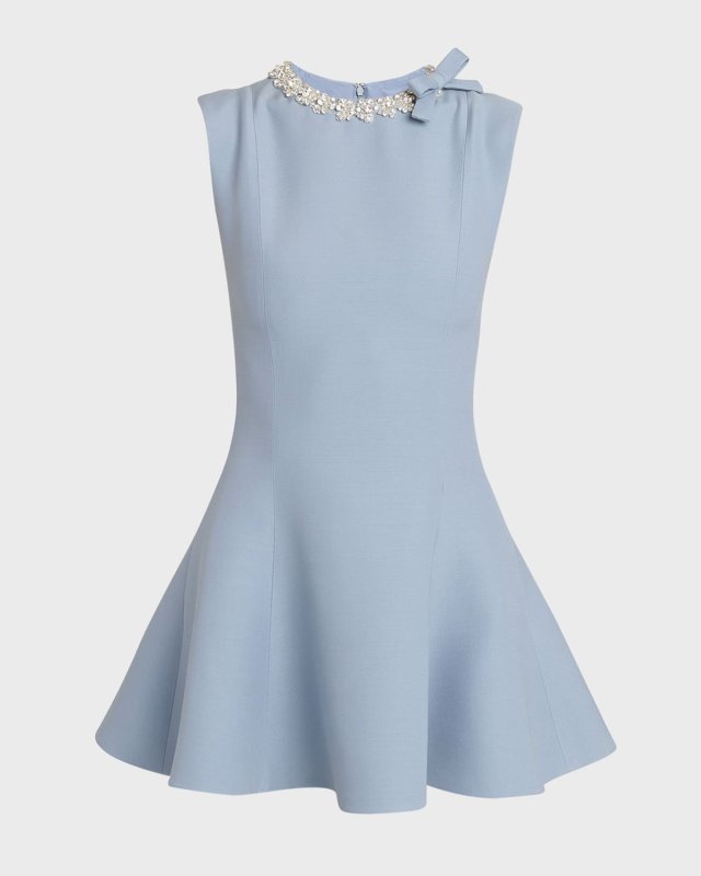 Crystal Bow Embellished Sleeveless Fit-&-Flare Crepe Mini Dress