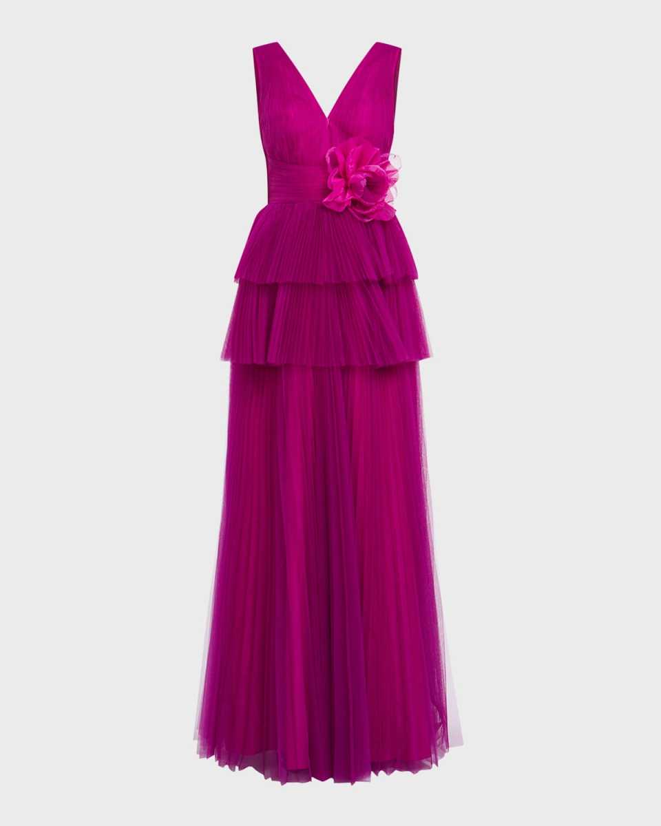 Tiered Pleated Tulle Gown