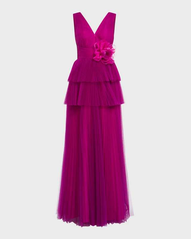 Tiered Pleated Tulle Gown