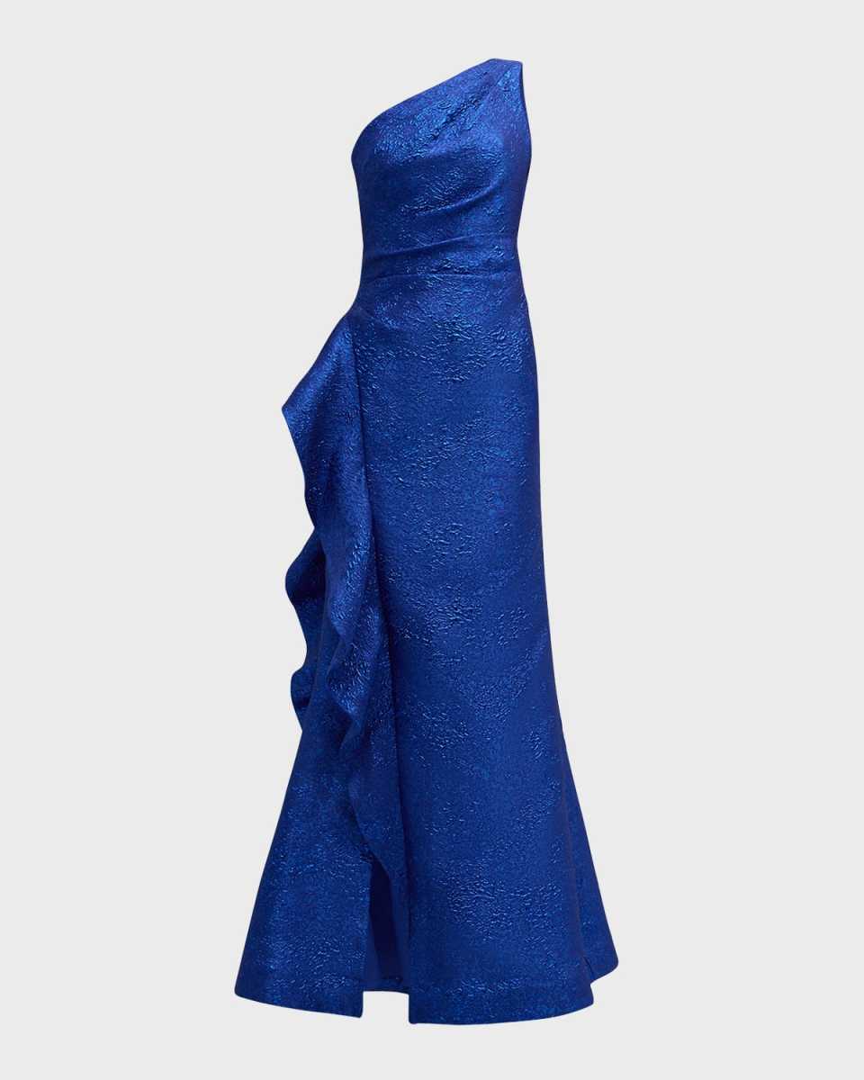One-Shoulder Ruffle Metallic Jacquard Gown