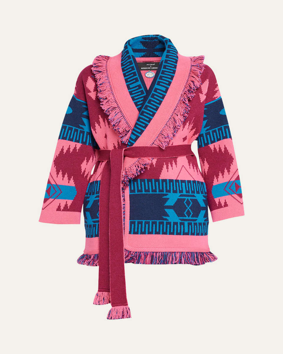 Icon Jacquard Fringe Belted Cashmere Cardigan