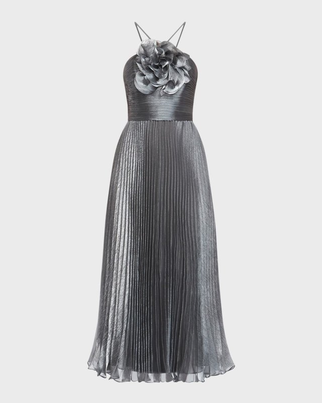 Pleated Metallic Halter Midi Dress