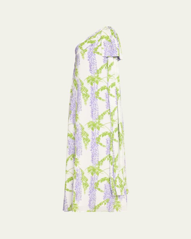 Gala One-Shoulder Wisteria Printed Maxi Dress with Bow Detail