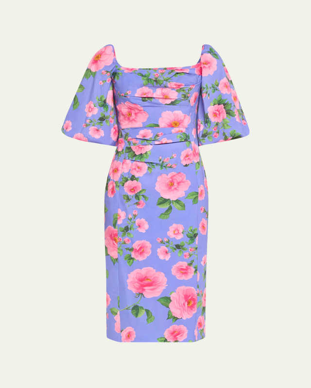 Floral Print Ruched Midi Dress with Puff Sleeves