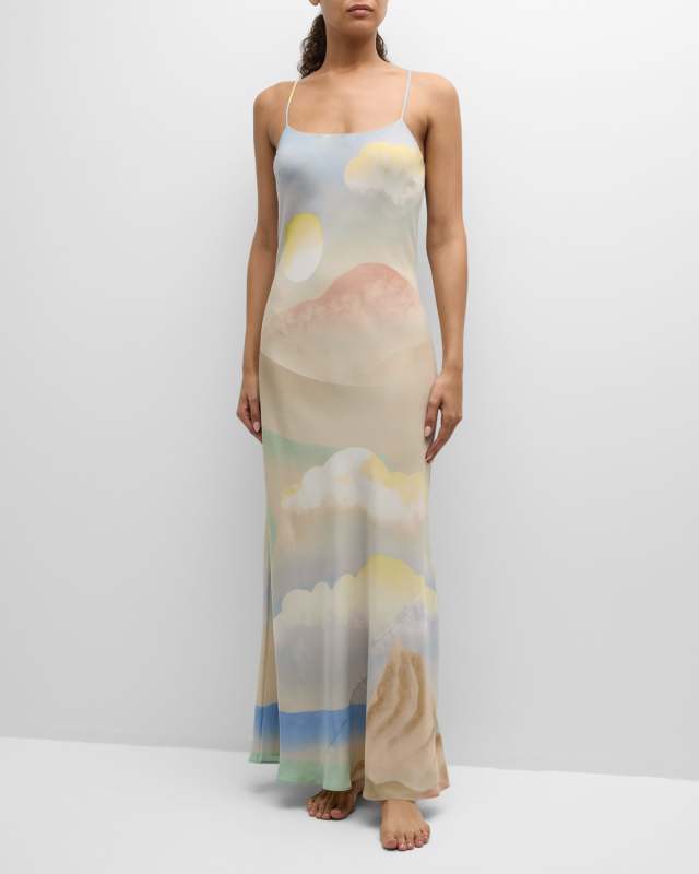 Olympia Landscape-Print Silk Slip Dress
