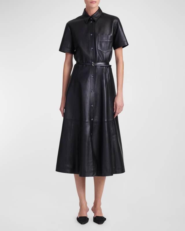 Kiera Short-Sleeve Belted Leather Midi Shirtdress