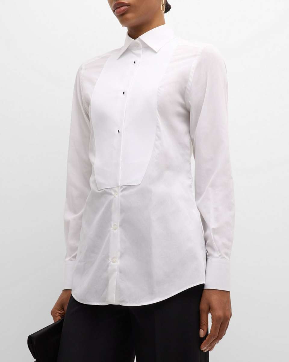 Popeline Button-Front Shirt with Pleated Bib