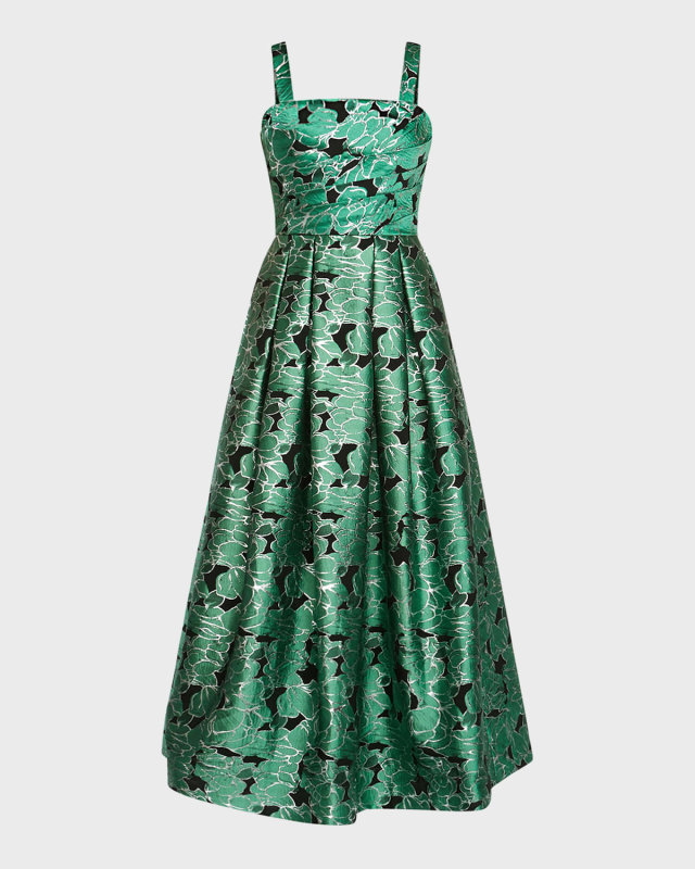 Pleated Metallic Floral Jacquard Midi Dress