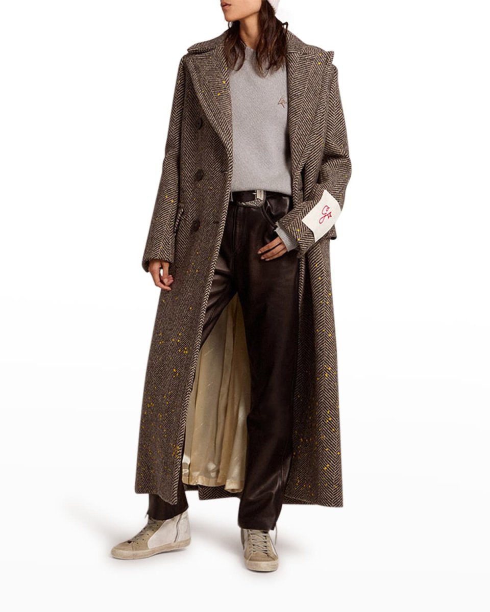 Double-Breasted Handpainted Chevron Wool Trench Coat
