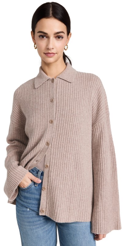 Reformation Fantino Cashmere Collared Cardigan Oatmeal