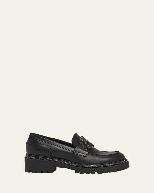 Snake Embroidered Lug Sole Leather Loafers