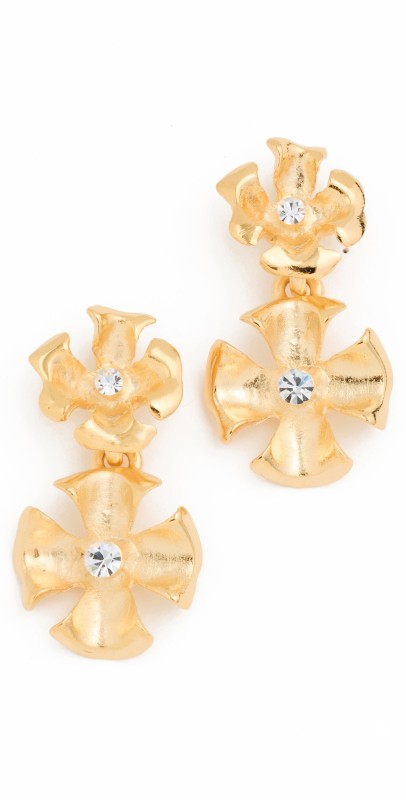 Kenneth Jay Lane Crystal Center Flower Drop Pierced Earrings Gold