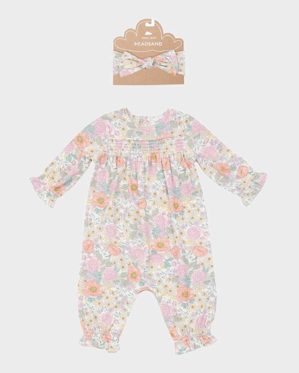 Girl's Peonies & Roses Smocked Romper W/ Headband Set, Size Newborn-24M