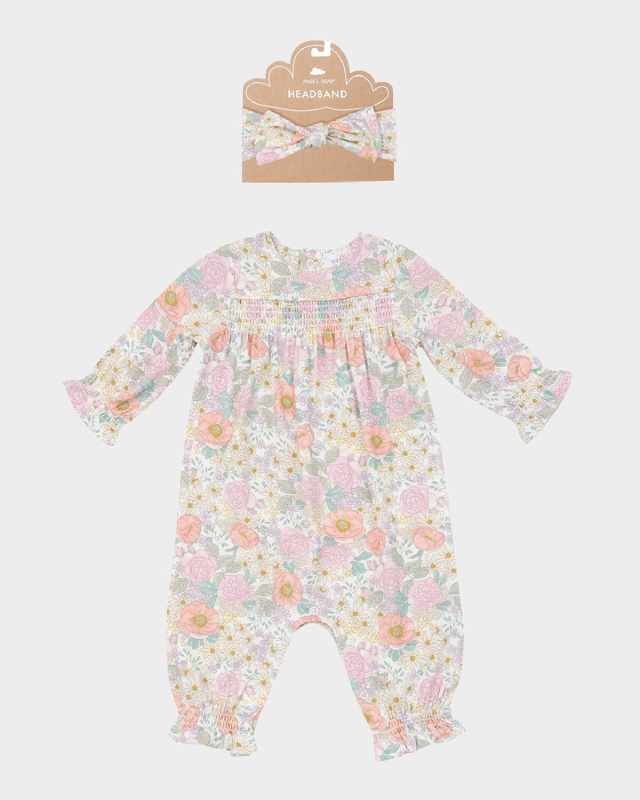 Girl's Peonies & Roses Smocked Romper W/ Headband Set, Size Newborn-24M