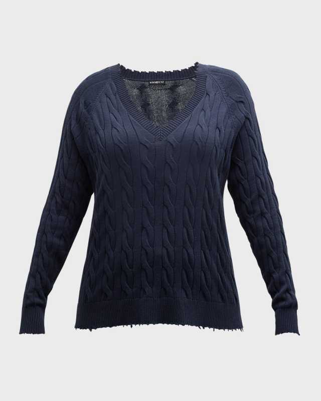 Plus Size Frayed Cable-Knit Sweater