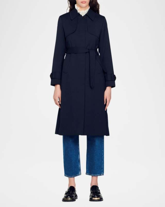 Navy Pleated-Back Belted Trench Coat