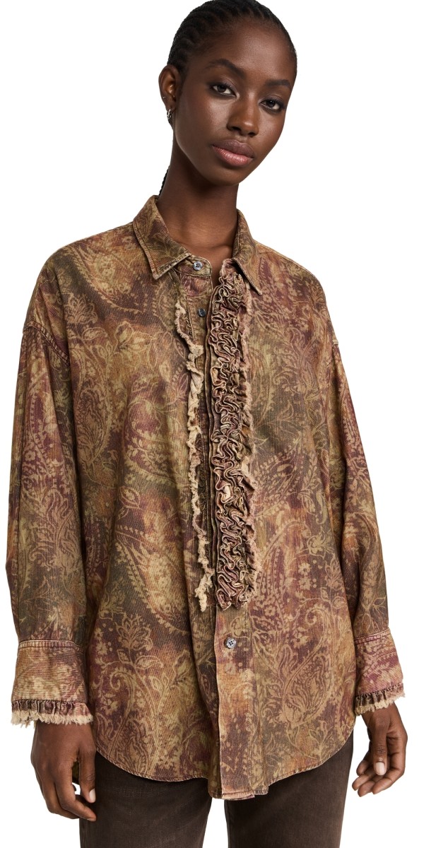 R13 Corduroy Drop Neck Tuxedo Shirt Paisley Print