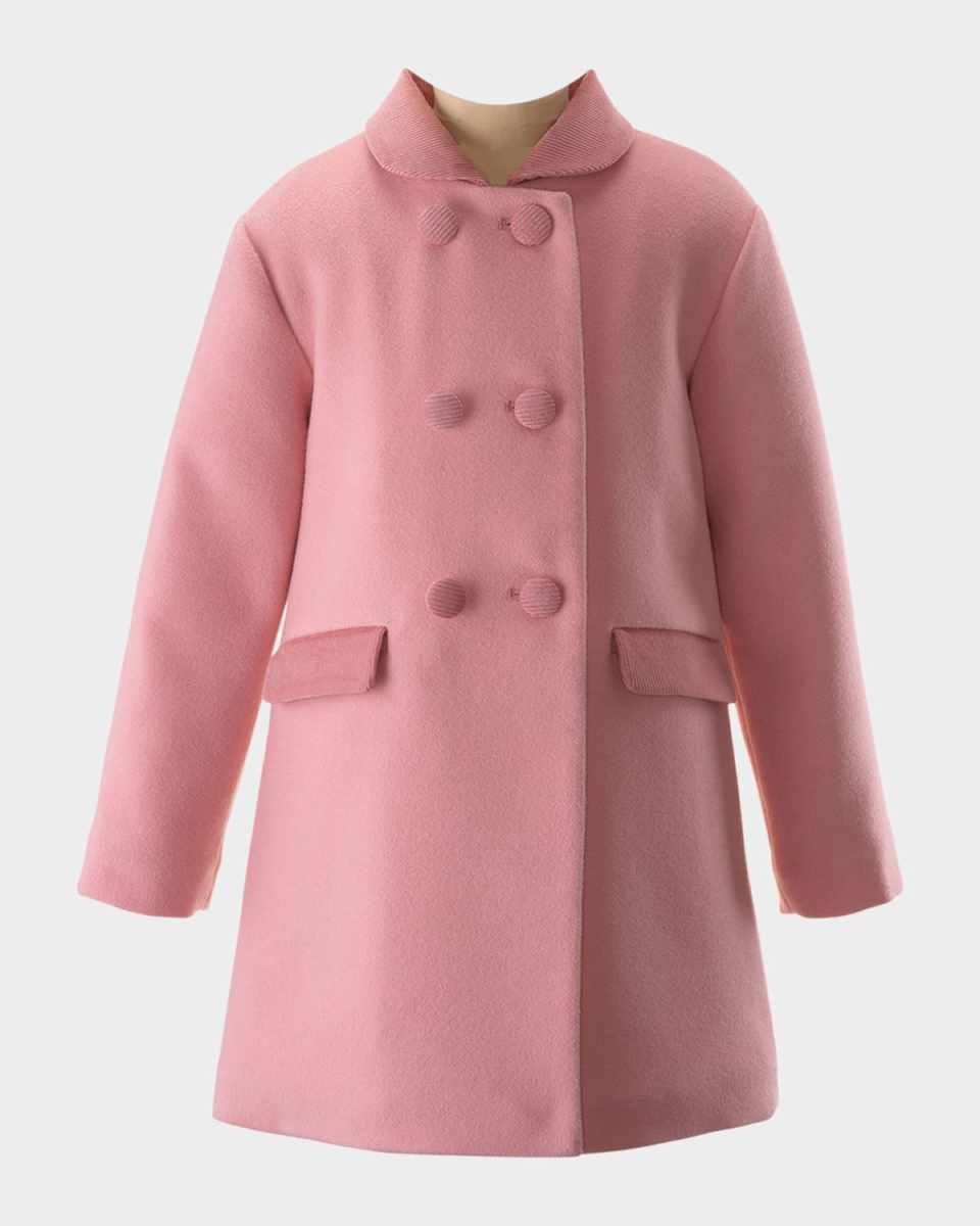 Girl's Velvet Trim Double Breasted Coat, Size 2-10
