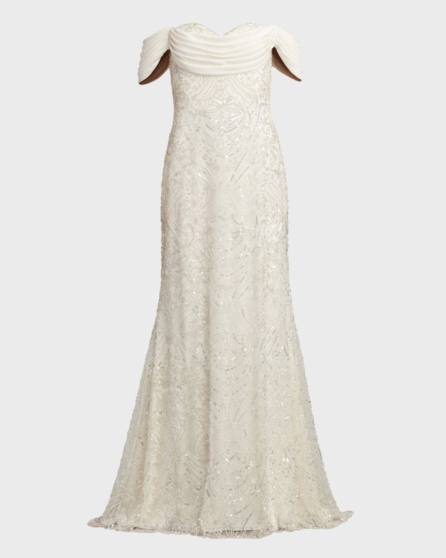 Off-Shoulder Bead & Sequin Crepe Gown