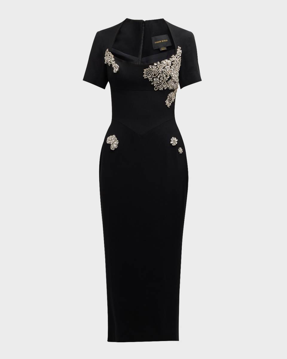 Crystal-Embroidered Short-Sleeve Soft Cady Midi Dress