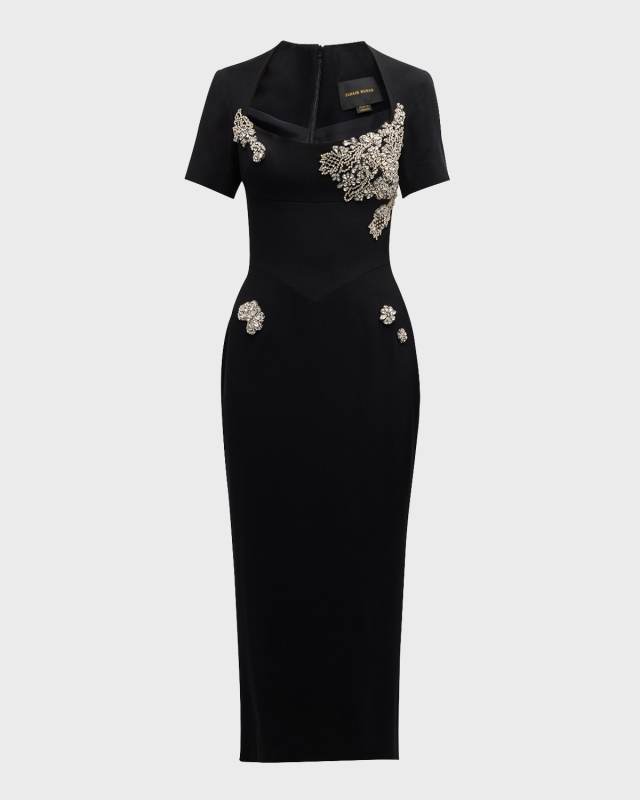 Crystal-Embroidered Short-Sleeve Soft Cady Midi Dress