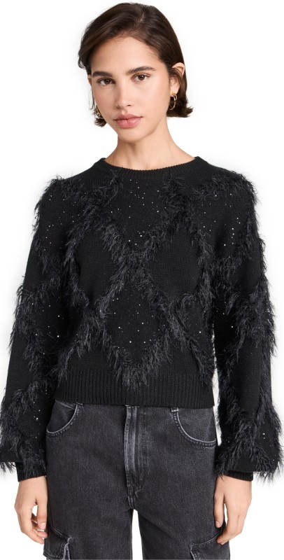 Autumn Cashmere Sequin Diamond Stitch Crew Sweater with Eyelash Trim Black Combo