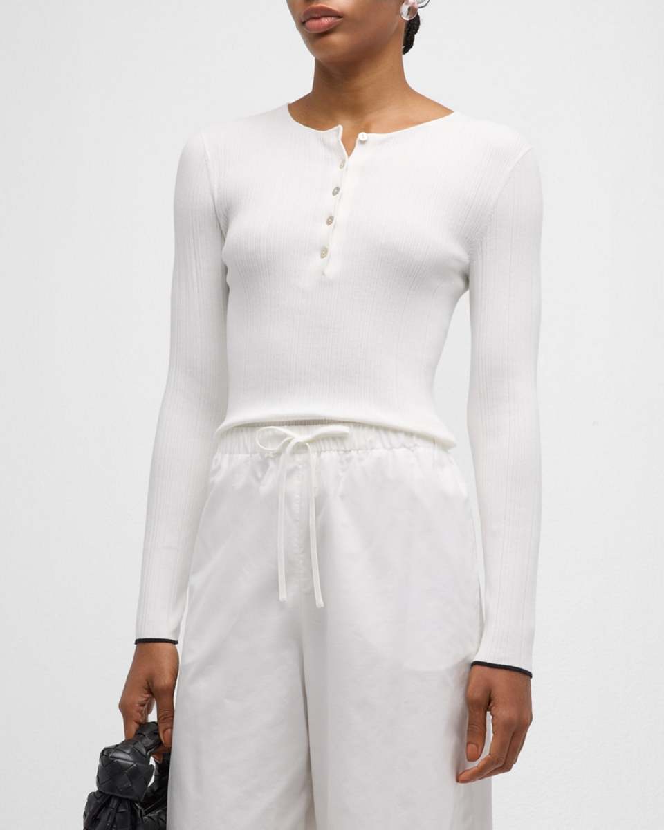 Tipped-Edge Long-Sleeve Henley Top