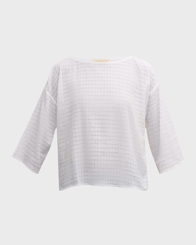Bateau-Neck Grid Organic Cotton Voile Shirt