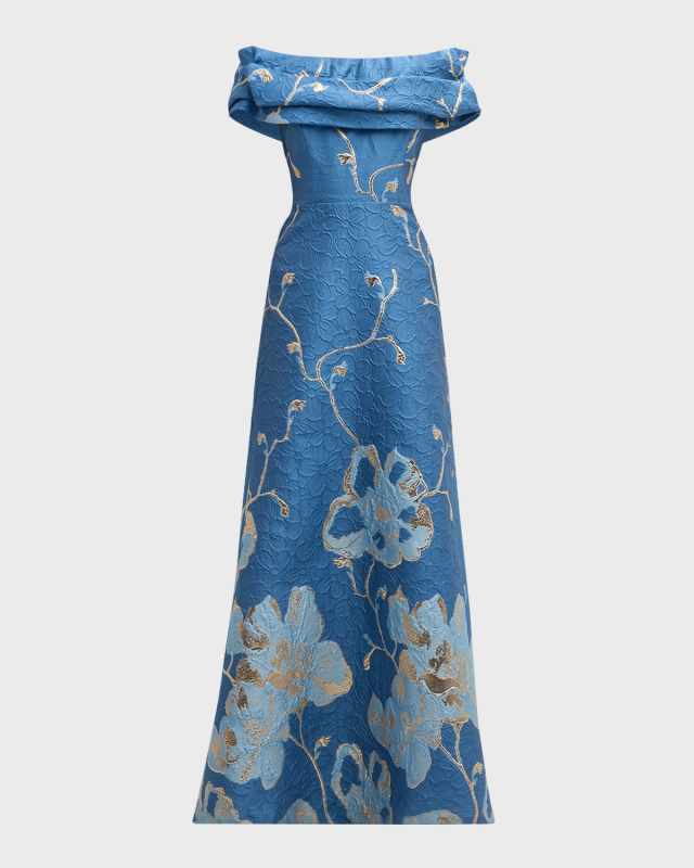 Off-Shoulder Ruffle Floral Jacquard Gown