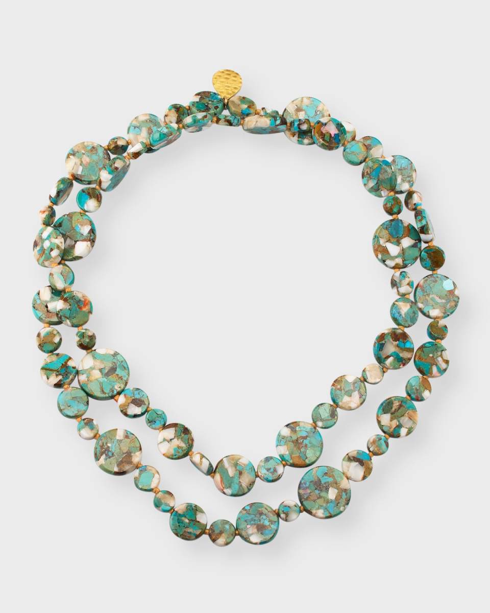 Long Turquoise and Pearly Coin Necklace, 36"L