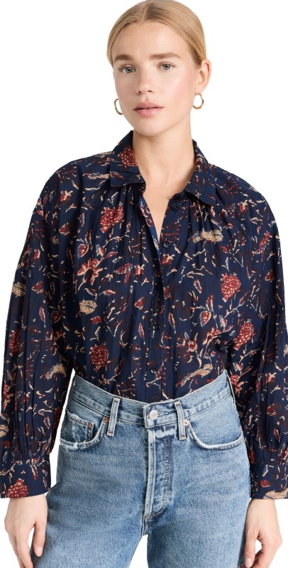 Apiece Apart Kira Button Up Blouse INDIGO JARDIN BLOCK PRINT