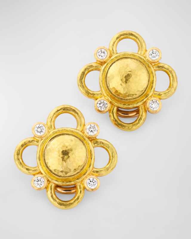 19K Yellow Gold Round Gold Dome Earrings with Wire Arches and Diamonds