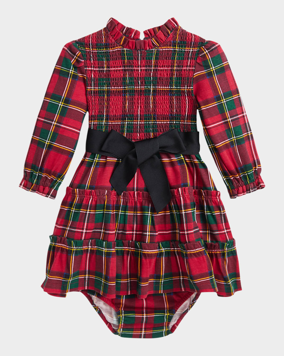 Girl's Plaid-Print Smocked Dress W/ Bloomers, Size 3M-