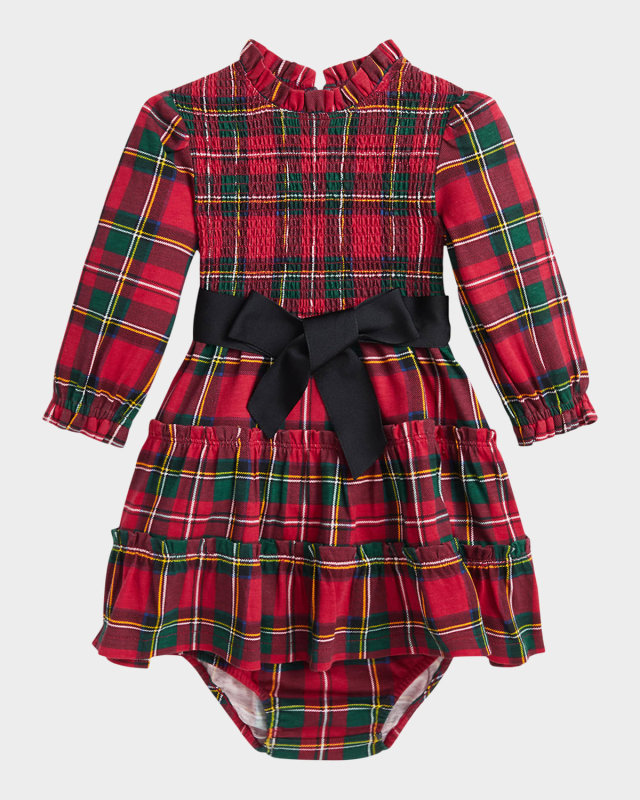 Girl's Plaid-Print Smocked Dress W/ Bloomers, Size 3M-