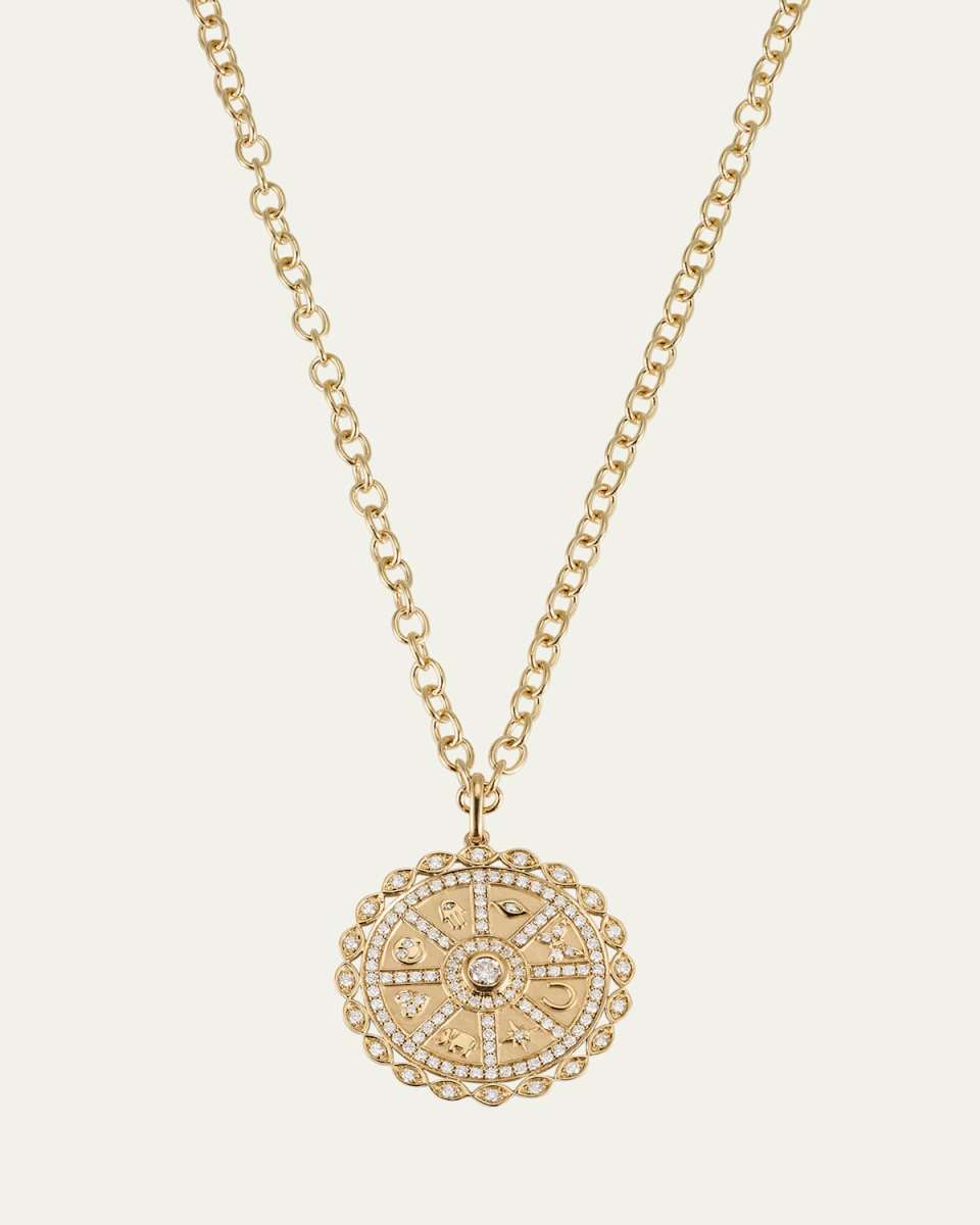 14K Yellow Gold Diamond Icon Wheel Coin Pendant Necklace