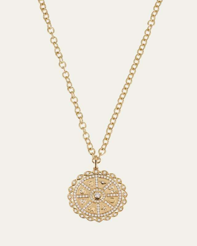 14K Yellow Gold Diamond Icon Wheel Coin Pendant Necklace
