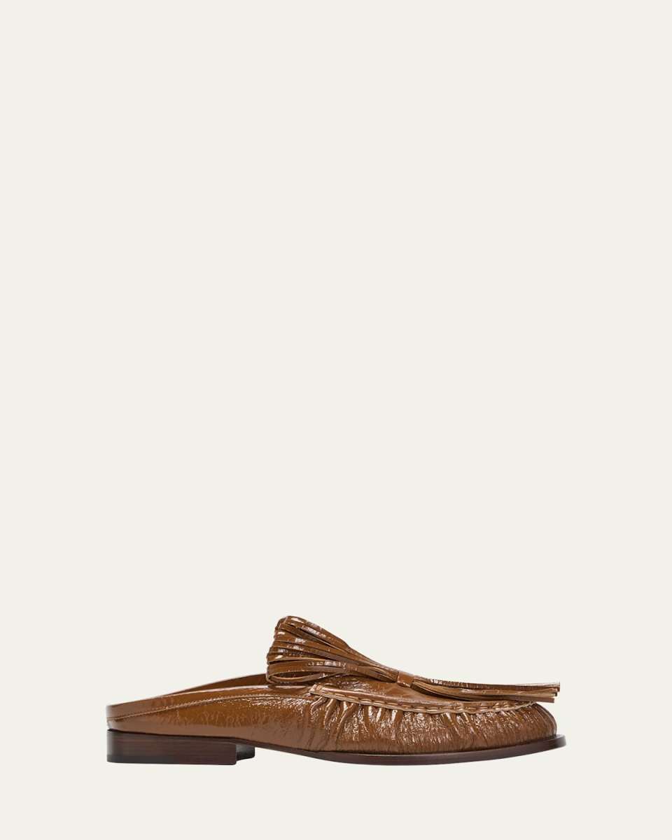 Shiny Leather Fringe Loafer Mules