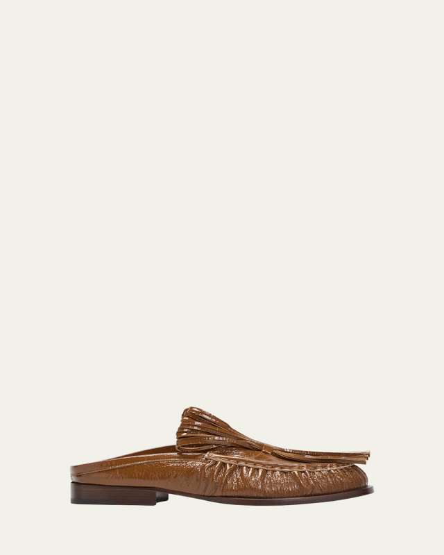 Shiny Leather Fringe Loafer Mules