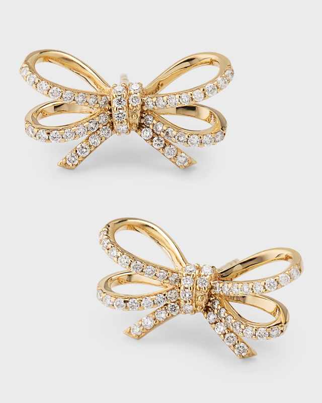 14K Yellow Gold Pave Diamond Double Bow Stud Earring, Single
