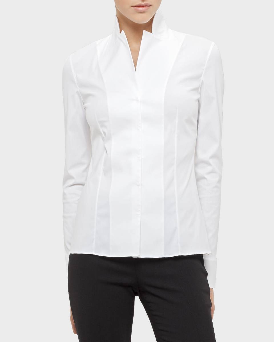 Long-Sleeve Notched-Collar Poplin Blouse