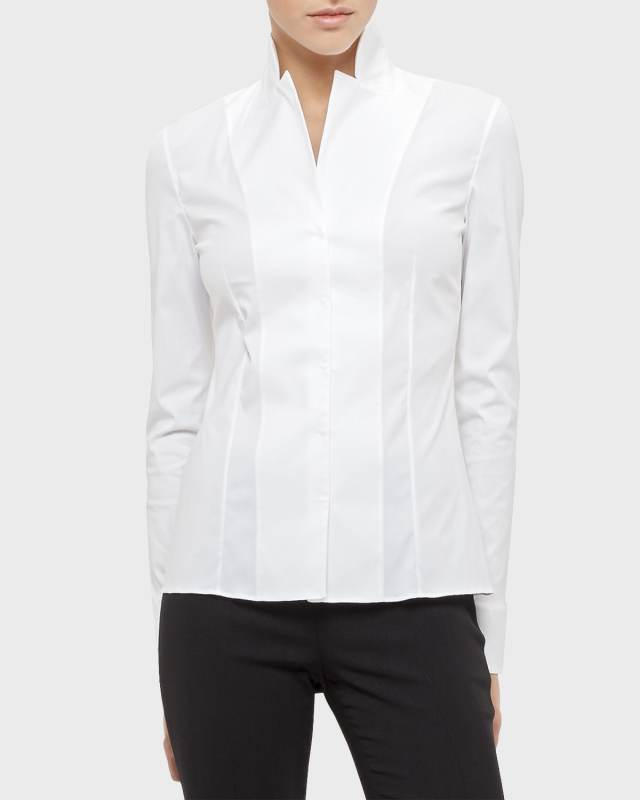 Long-Sleeve Notched-Collar Poplin Blouse