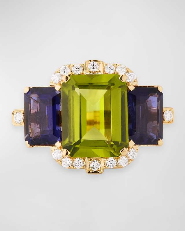 18K 3-Stone Peridot and Iolite Emerald Cut Statement Ring with Diamonds