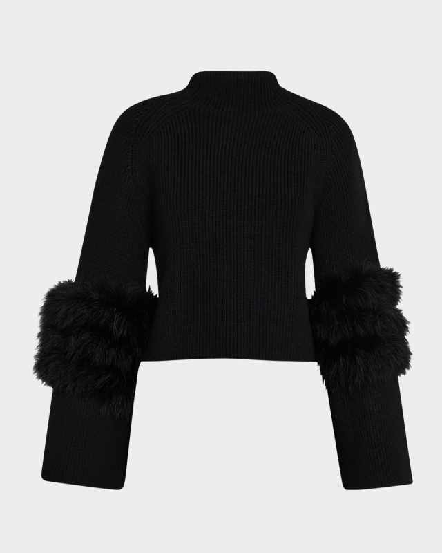 Mock-Neck Crop Merino Sweater With Marabou Feather Tr