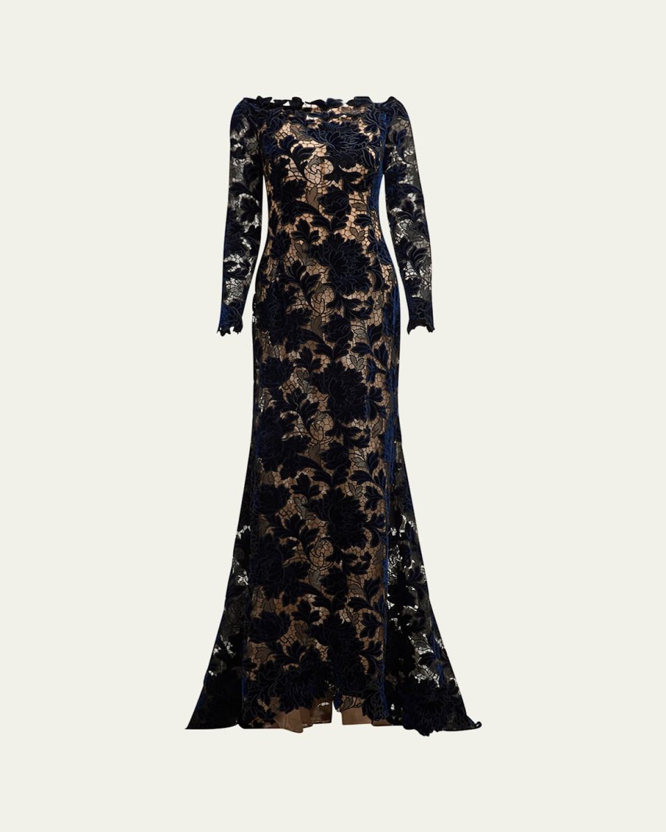 Off-Shoulder Peony Velvet Guipure Lace Gown