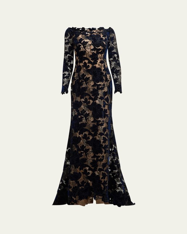 Off-Shoulder Peony Velvet Guipure Lace Gown