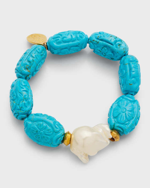 Pearl and Carved Turquoise-Colored Stretch Bracelet