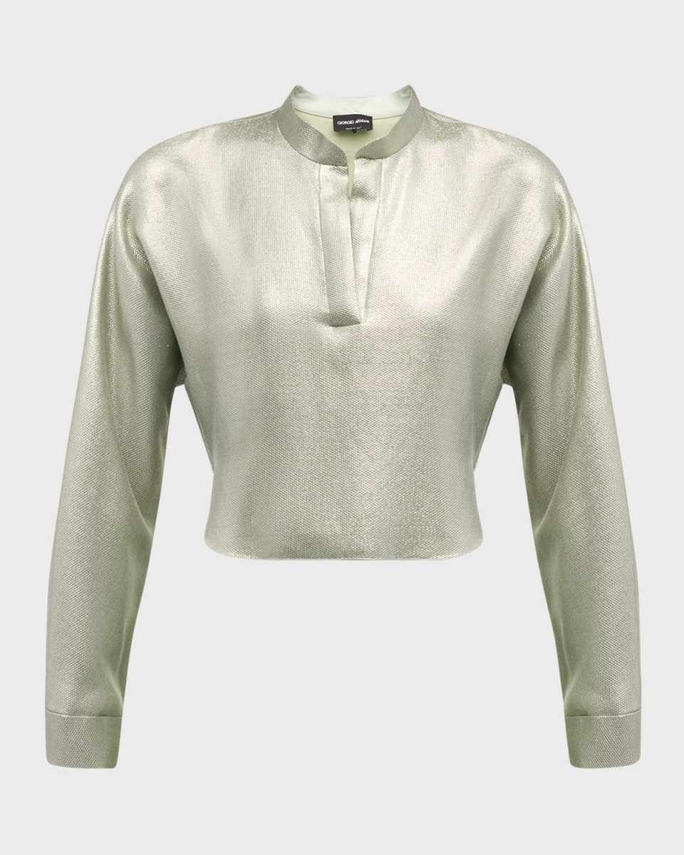 Viscose Textured Metallic Collared Crop Blouse