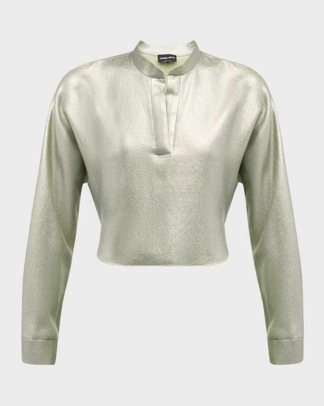 Viscose Textured Metallic Collared Crop Blouse