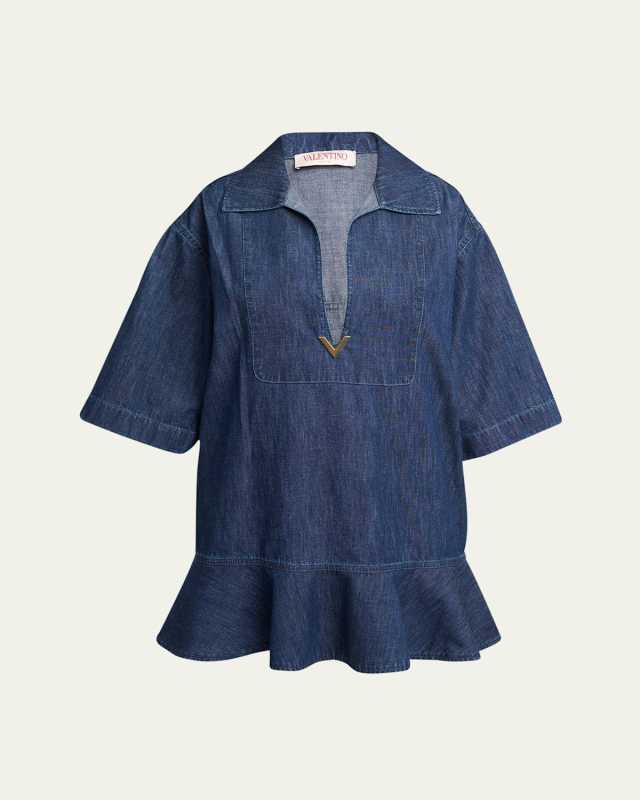 Denim Flared Hem Mini Dress with Logo Detail