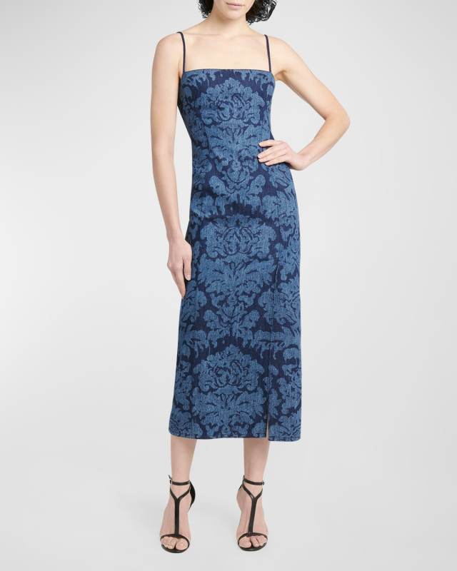Damask Print Denim Midi Dress